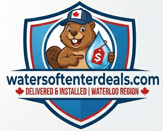 WaterSoftenerDeals.com shield badge β delivered & installed in the Waterloo region